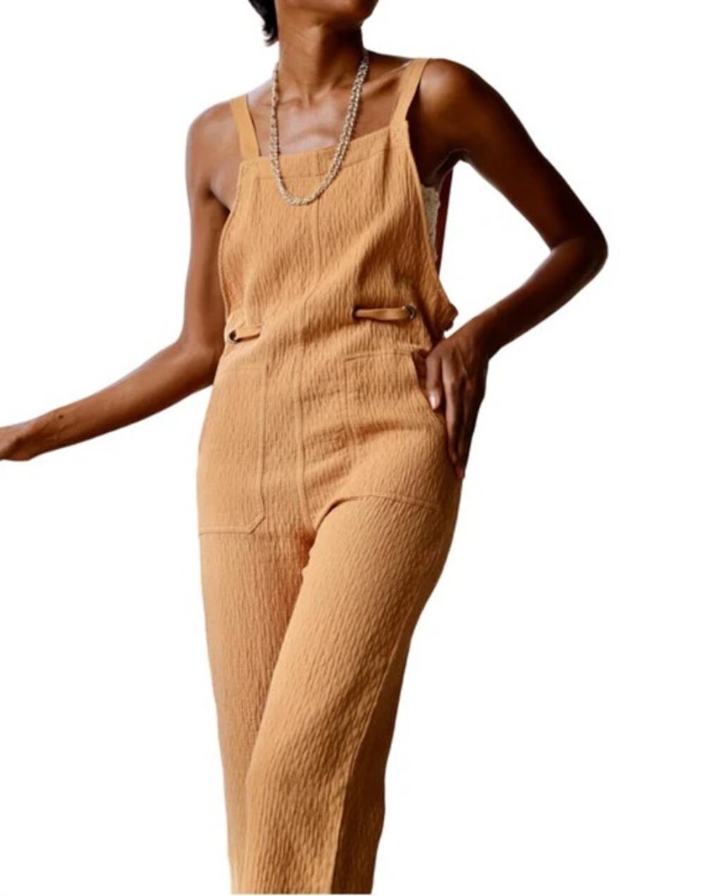 Storia Camel Tan Light and Lux Textured Boho Jumpsuit Large Lagen